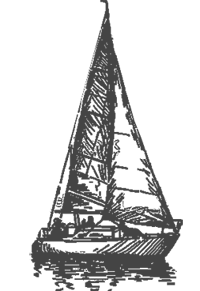 The image is a simple, black-and-white sketch of a sailboat with a prominent sail.