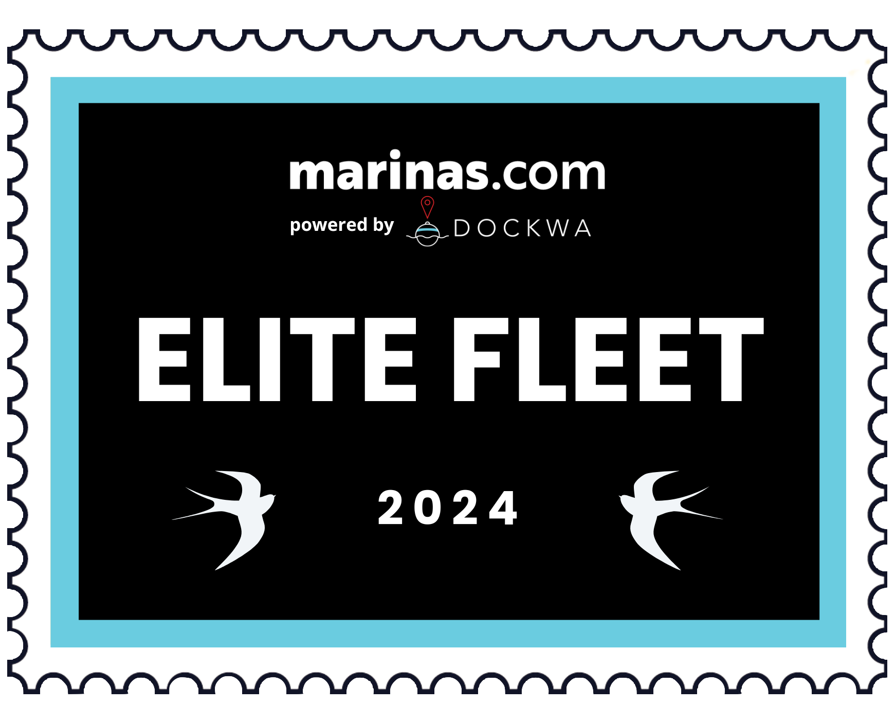 This image is an "Elite Fleet 2024" badge by marinas.com, powered by Dockwa, featuring a black background and bird silhouette designs.