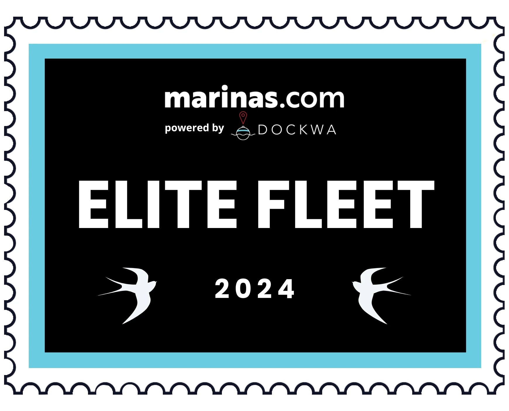 This image is an "Elite Fleet 2024" badge by marinas.com, powered by Dockwa, featuring a black background and bird silhouette designs. logo on footer section.