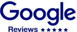 The image shows the Google logo above the word "Reviews" followed by a five-star rating, all in blue.