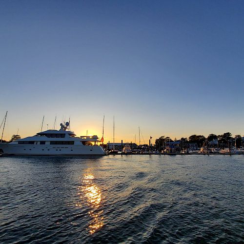 A large boat sails on calm waters at sunset, with silhouettes of sailboats and trees in the background. The sky is clear and blue.