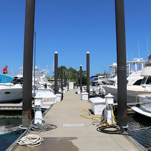 A marina with multiple docked boats, a walkway in the center, and clear blue skies in the background.