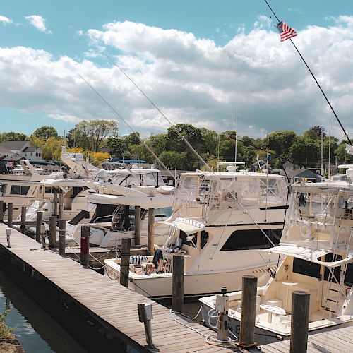 The image shows a marina with several docked boats, clear skies with some clouds, an American flag, and a background of trees and houses.