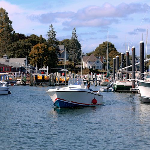 A serene harbor scene with boats docked and houses in the background, surrounded by trees and calm waters under a blue sky with some clouds.