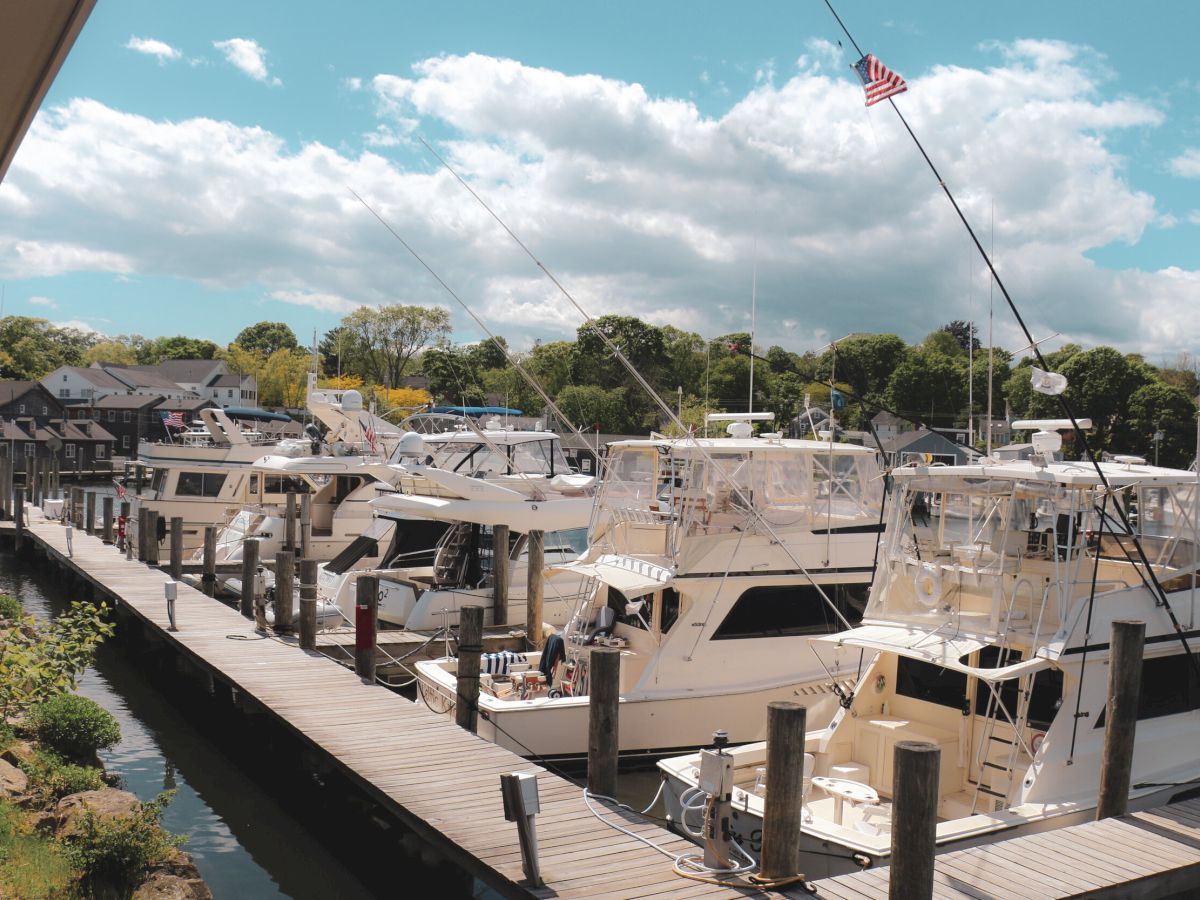 The image shows a marina with several docked boats, surrounded by trees and houses under a partly cloudy sky, with an American flag visible.